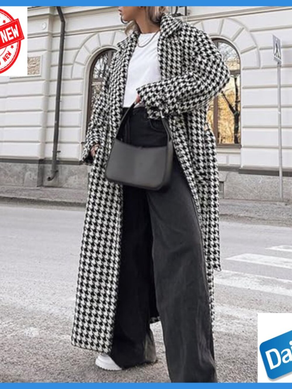 Women's Houndstooth Trench Coat Double Breasted Belted Long Overcoat - Picture 4 of 6